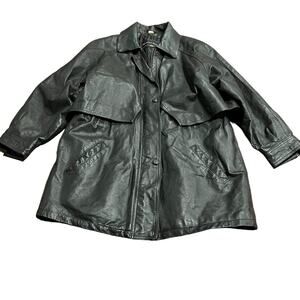 Vintage 80s Seventh Avenue Black Leather Men’s Cincher Trench Coat Grunge M